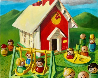 PRINT - Little People Schoolhouse scene 11x14 print of original painting