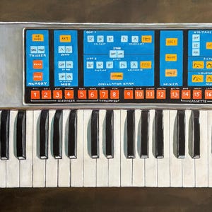 May include: A vintage blue and silver Moog Minimoog Model D synthesizer with a 37-key keyboard. The synthesizer has a variety of knobs, buttons, and sliders for controlling sound.