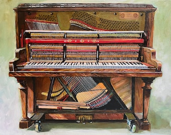 May include: A vintage upright piano with the interior exposed, showing the inner workings of the instrument. The piano is painted in a dark wood finish with gold accents. The piano has a set of wheels on the bottom.
