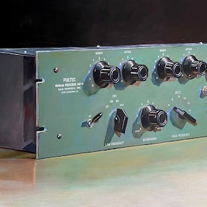 May include: A green metal box with the text "PULTEC PROGRAM EQUALIZER EQP-1A PULSE TECHNIQUES INC. MADE IN U.S.A." and several knobs and switches. The box has a black front panel and a silver side panel.