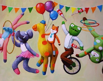 14"x20" Circus Parade of BlaBla Knit Toys Print Nursery Art