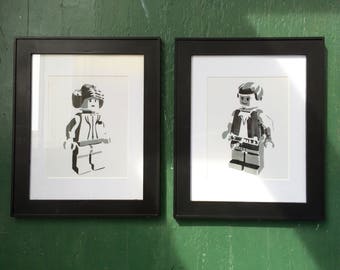 Han and Leia minifigures hand-stenciled framed set of two 8x10 prints