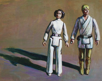 PRINT - Vintage Star Wars Luke and Leia Action Figures Print of Original Painting 8x10
