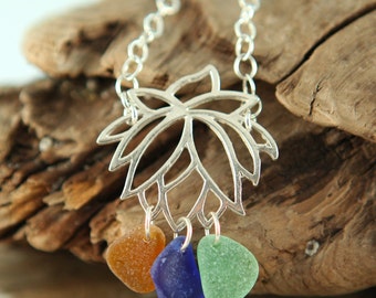 Blooming LOTUS Sterling Silver Necklace GENUINE Sea Glass (Ready to Ship)