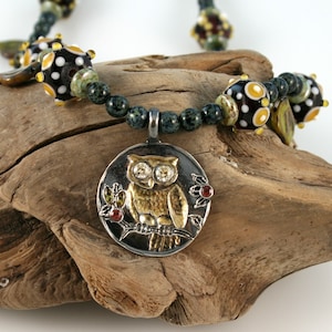 Golden Owl Necklace and Earrings FINE SILVER Set (Ready to Ship)