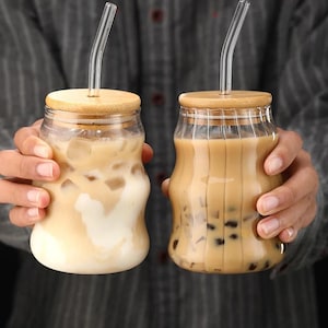 Iced Coffee Glass Cup: 16.9oz Beer Can Design with Bamboo Lid & Glass Straw