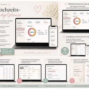 Könnte beinhalten: Ein digitaler Hochzeits-Budgetplaner auf Laptop- und Smartphone-Bildschirmen mit Tortendiagrammen, Ausgabenkategorien, Zahlungsübersichten und Exportfunktionen. Das Interface enthält deutschen Text sowie eine beiliegende PDF-Anleitung.