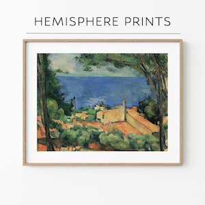 May include: A painting of a coastal town with colorful buildings and a blue sea in the background. The scene is framed by lush green trees.