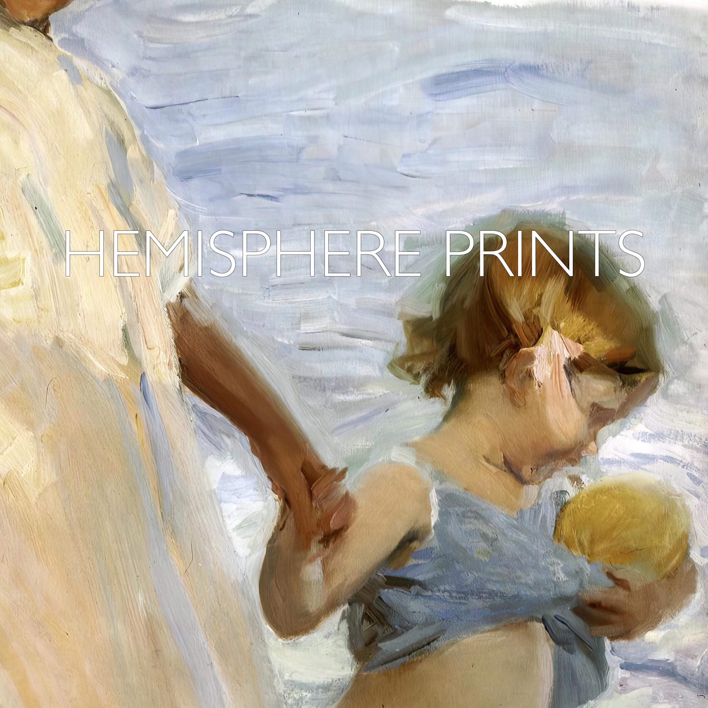 ビーチにいる母と子のビンテージ絵画、デジタルプリント、海岸の壁