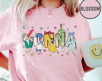 Custom Name Disney Princess Character Shirt, Personalized Belle Ariel Cinderella Tiana Shirt, Disneyland Matching Tee, Disney Birthday Gift