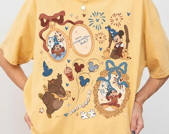 Camisetas retro Disney Coquette Bow Mickey Sorcerer con colores cómodos, camiseta Fantasia Mickey Some Imagination Huh, camiseta mágica vintage de Walt Disney