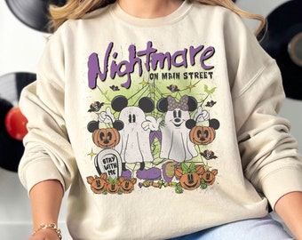 Vintage Mickey Minnie Ghost Halloween Sweatshirt, Nightmare On The Main Streat Shirt, Disney Halloween Pumpkin Tee, Disney Trip 2024 Sweater