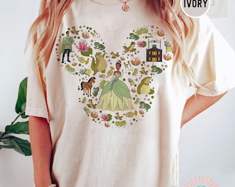Camiseta retro de la princesa Tiana de Disney con orejas de Mickey, linda camiseta de la princesa y la rana de Walt Disney / camiseta de Magic Kingdom, camiseta de viaje de niña a Disneyland de WDW