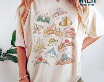 Retro Comfort Color Disney Princess Crown Shirt, Disneyworld Shirt, Cinderella Belle Rapunzel Ariel Snow White Tee, Disney Girl Trip Shirt