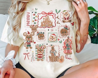 Maglietta retrò Disney Topolino e i suoi amici con pan di zenzero, maglietta per la festa di Natale di Topolino 2025, biscotti di Natale Disney, maglietta con pan di zenzero