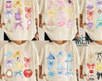 Personalized Comfort Color Disney Coquette Bow Cinderella Snow White Ariel Belle Rapunzel Tee, Girl Disney Trip Shirt, Disney Princess Tee