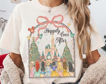 Maglietta Disney Princess Coquette Bows Christmas Lights Happily Ever After, festa di Natale di Topolino, regali di Natale a Disneyland