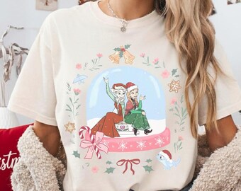 Coquette Disney Frozen Globe Christmas Shirt, Disney Elsa and Anna Princess Xmas Tee, Santa Olaf, Magic Kingdom Disneyland Xmas Family Trip