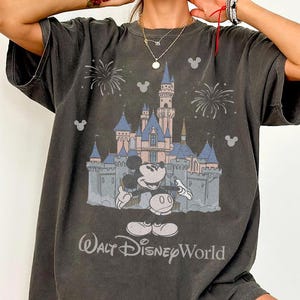 May include: Dark gray t-shirt featuring a graphic of Cinderella's castle, Mickey Mouse, and fireworks. The text "Walt Disney World" is printed below the graphic. The shirt has short sleeves and a relaxed fit.
