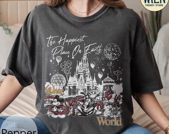 ヴィンテージ ディズニー キャッスル コンフォートカラー シャツ、ハピエスト プレイス オン アース Tシャツ、ミッキーと仲間たちのシャツ、ウォルト ディズニーワールド シャツ、ディズニー ファミリー Tシャツ