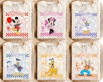 Custom Disney Character Tee Mickey, Minnie, Donald, Daisy, Goofy, Pluto – Retro Checkered Graphic Shirt, Personalized Magic Kingdom Outfit