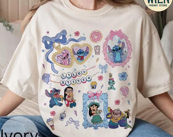 Retro Coquette Bows Lilo & Stitch Shirt, Cute Stitch Angel Lilo Hawaii Aloha Shirt, Girly Aesthetics Summer Shirt, Girls Trip Group Shirts