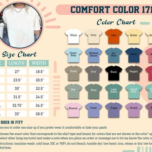 K&ouml;nnte beinhalten: Eine Gr&ouml;&szlig;entabelle f&uuml;r T-Shirts mit Ma&szlig;en in Zoll. Die Tabelle zeigt die L&auml;nge und Breite der Shirts in den Gr&ouml;&szlig;en S, M, L, XL, 2XL und 3XL. Eine Farbtabelle zeigt 20 verschiedene T-Shirt-Farben, darunter Wei&szlig;, Elfenbein, Yam, Butter, Banane, Champagner, gewaschenes Denim, Eisblau, Marine, Melone, Khaki, Grau, Schwarz, Pfeffer, Rot, Bucht, Moos, Hellgr&uuml;n, Inselriff, Kreideminze, Bl&uuml;te, Violett, Traube, Orchidee und Beere.