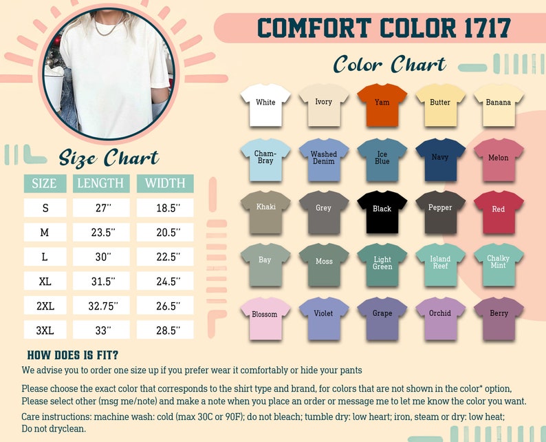 K&ouml;nnte beinhalten: Eine Gr&ouml;&szlig;entabelle f&uuml;r T-Shirts mit Ma&szlig;en in Zoll. Die Tabelle zeigt die L&auml;nge und Breite der Shirts in den Gr&ouml;&szlig;en S, M, L, XL, 2XL und 3XL. Eine Farbtabelle zeigt 20 verschiedene T-Shirt-Farben, darunter Wei&szlig;, Elfenbein, Yam, Butter, Banane, Champagner, gewaschenes Denim, Eisblau, Marine, Melone, Khaki, Grau, Schwarz, Pfeffer, Rot, Bucht, Moos, Hellgr&uuml;n, Inselriff, Kreideminze, Bl&uuml;te, Violett, Traube, Orchidee und Beere.