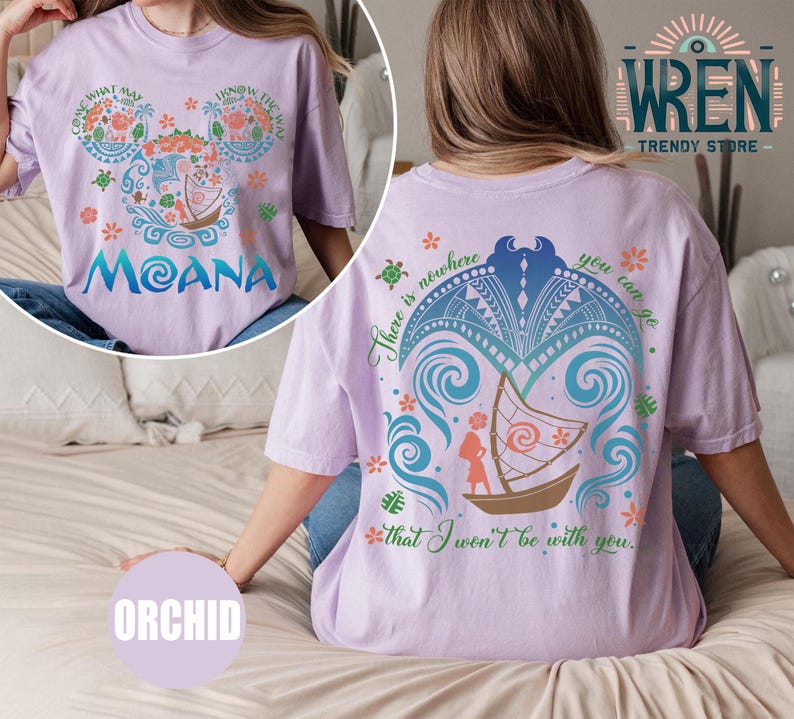 May include: A purple t-shirt with a graphic design of a cartoon character from the movie Moana. The design includes a boat, a turtle, and the text "There is nowhere you can go that I won't be with you."