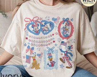 Retro Coquette-roséer Musse Pigg och vänner festar i USA-skjorta, Disneys patriotisk skjorta, magisk självständighetsdag, Disneys 4 juli-skjorta