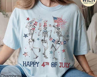 Maglietta retrò con scheletro del 4 luglio: maglietta con bandiera americana vintage