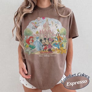 May include: A brown short-sleeve t-shirt featuring a graphic print of various cartoon characters in front of a castle. The text Magic Kingdom and Walt Disney World is printed below the characters. The shirt has a crew neckline and a relaxed fit.