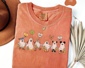 Koszulka w stylu vintage Disney Mickey Friends Balloons Halloween Comfort Colors, koszulka z duchem Myszki Miki i Przyjaciele, koszulka Disney Halloween Mickey Spooky