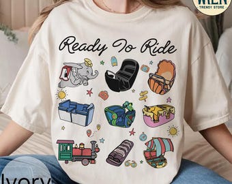 Camiseta retro de Disney "Here For The Rides Vehicles", camiseta de Disney Magic Kingdom, camisetas familiares a juego para Disneyland, camiseta de viaje a Disney 2025