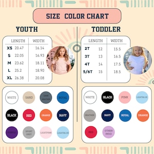 K&ouml;nnte beinhalten: Gr&ouml;&szlig;entabelle f&uuml;r Kinder- und Kleinkindbekleidung mit Ma&szlig;en in Zoll. Die Tabelle umfasst die Gr&ouml;&szlig;en XS, S, M, L, XL f&uuml;r Kinder und 2T, 3T, 4T, 5/6T f&uuml;r Kleinkinder. Die Tabelle enth&auml;lt auch eine Farbtabelle mit verschiedenen Farben wie Wei&szlig;, Sand, Dunkelgrau, Royal, Schwarz, Rot, Orange, Marine, Grau, Hellrosa, Hellblau, Lila und Sportgrau.