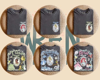 Retro Two-sided Coquette Bows Disney All Princesses Characters Shirt, Cinderella Snow White Ariel Belle Rapunzel Tee, Girl Disney Trip Shirt