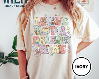 Camicia Disney Toy Story retrò Hai un amico in me, Abbinamento gruppo di personaggi vintage, Camicia per le vacanze in famiglia Disney, Camicia da viaggio Disney