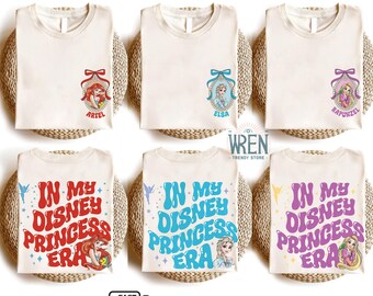 Camiseta retro de dos caras con personajes de princesas de Disney, camiseta de la era de las princesas de Disney, camiseta de viaje para niñas a Disneyworld, camiseta de vacaciones en Disneyland 2025