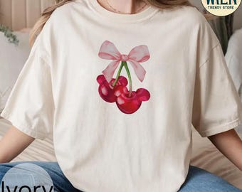 Retro Coquette Bow Mickey Cherry Baby Comfort Color Shirt, WDW Disneyland Girls Trip Shirt, Disney Mickey Girly Aesthetic Tee, Gift For Her