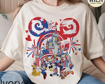 Chemise couleurs confort Mickey et ses amis Château Disney Happy 4th of July, t-shirt délavé jour de l'indépendance Disney, États-Unis patriotiques, liberté américaine
