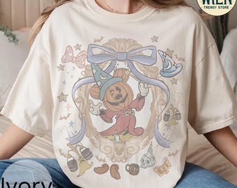 Camiseta retro de Mickey Mago de Halloween: lazo de coqueta de hechicero de fantasía