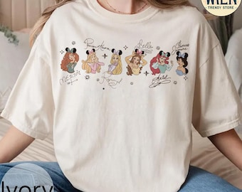 Camiseta retro con firmas de princesas Disney, camiseta de viaje de princesas a juego, cumpleaños de princesas, Aurora, Ariel, Bella, Cenicienta, camiseta de grupo Disney