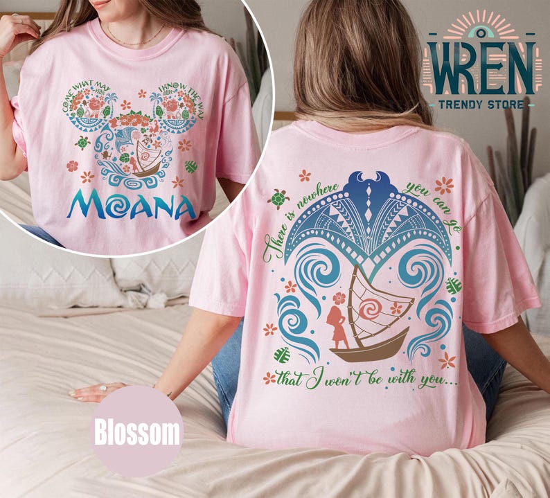 May include: Pink t-shirt with a floral Mickey Mouse design on the front and a Moana quote on the back. The quote reads "There is nowhere you can go that I won't be with you..."