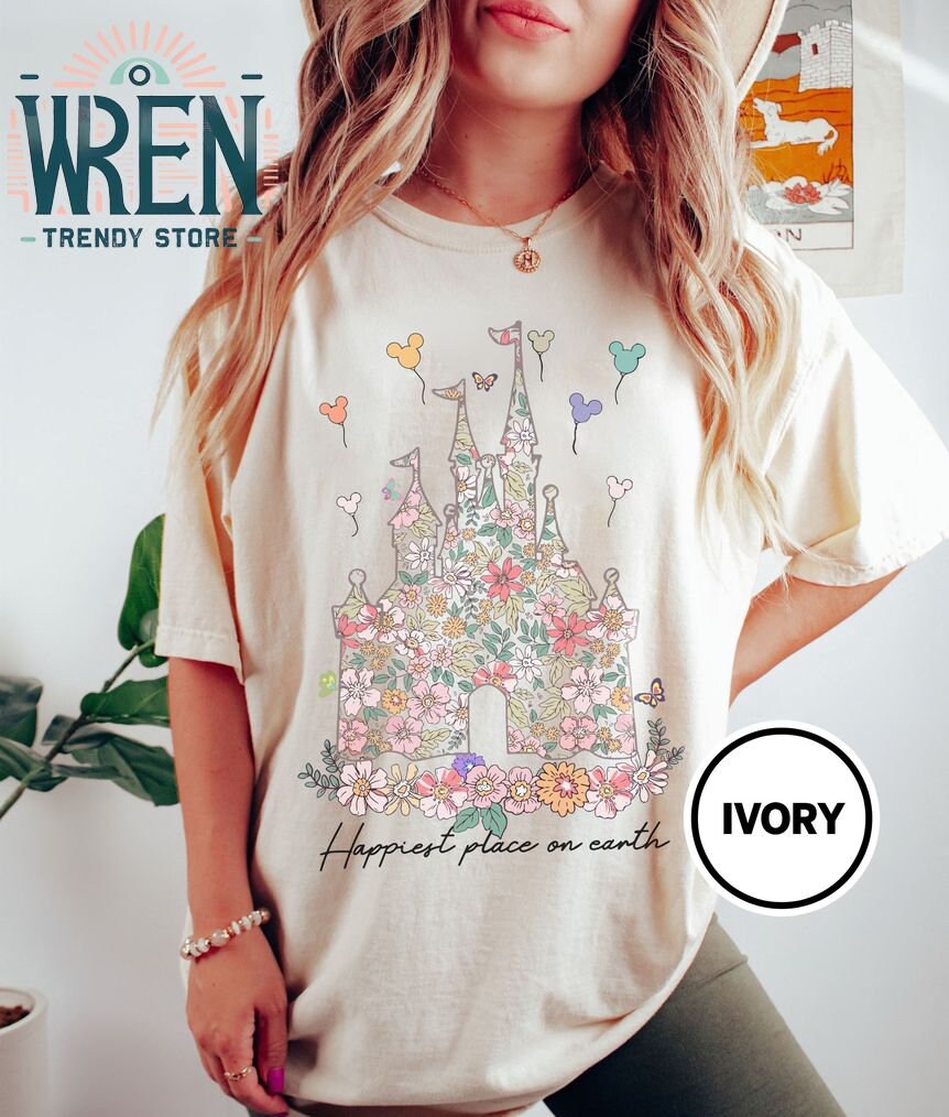Retro Happiest Place on Earth Shirt, Disney Castle Floral Shirt, Vintage Disney Shirt, Magic Kingdom Shirt, Disneyland Shirt, Disney Shirt