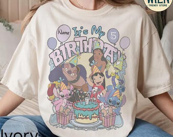 Camiseta de cumpleaños personalizada con nombre y edad de Lilo y Stitch, regalo de cumpleaños personalizado de Disney Stitch Angel Lilo Pleakley, viaje familiar a Disneyland