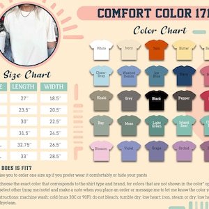 May include: A size chart for t-shirts with measurements in inches. The chart shows the length and width of the shirts in sizes S, M, L, XL, 2XL, and 3XL. A color chart shows 20 different t-shirt colors, including white, ivory, yam, butter, banana, cham-bray, washed denim, ice blue, navy, melon, khaki, grey, black, pepper, red, bay, moss, light green, island reef, chalky mint, blossom, violet, grape, orchid, and berry.