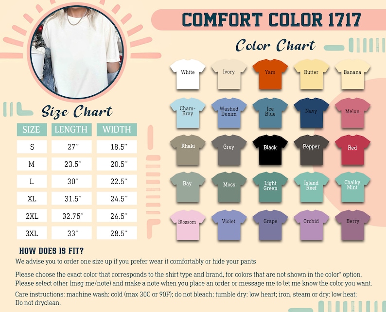 May include: A size chart for t-shirts with measurements in inches. The chart shows the length and width of the shirts in sizes S, M, L, XL, 2XL, and 3XL. A color chart shows 20 different t-shirt colors, including white, ivory, yam, butter, banana, cham-bray, washed denim, ice blue, navy, melon, khaki, grey, black, pepper, red, bay, moss, light green, island reef, chalky mint, blossom, violet, grape, orchid, and berry.