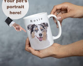 May include: White ceramic mug with a photo of a blue merle Australian Shepherd dog with the name "Rosie" printed on the mug.