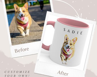 Könnte beinhalten: Eine weiße Keramiktasse mit rosafarbenem Rand und Henkel. Die Tasse hat eine personalisierte Illustration eines Corgi-Hundes mit dem Namen "SADIE" auf der Tasse.