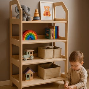 Montessori Wooden Shelf: Natural Birch Toy Organizer for Nursery